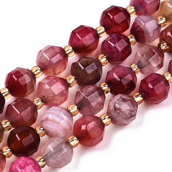 Natural Agate Beads Strands, Faceted, with Seed Beads, Dyed, Round, Hot Pink, 8x7.5mm, Hole: 1.2mm, Beads: 3.5x2mm, about 34pcs/strand, 15.35 inch(39cm)