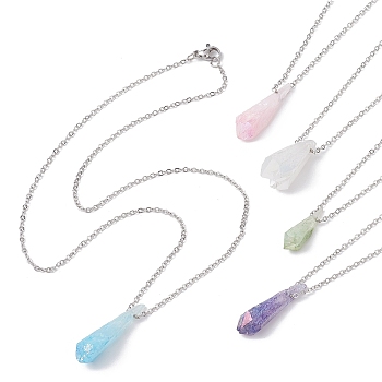 Dyed Natural Quartz Crystal Twist Teardrop Pendant Necklaces, with 304 Stainless Steel Cable Chains, Mixed Color, Stainless Steel Color, 17.72~18.11 inch(45~46cm)