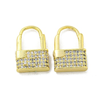 Brass Micro Pave Cubic Zirconia Hoop Earring, Real 18K Gold Plated. Lock, Clear, 15x4mm