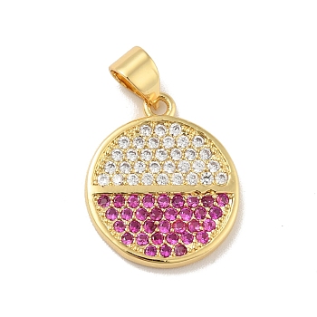 Brass Micro Pave Cubic Zirconia Pendants, Cadmium Free & Lead Free, Long-Lasting Plated, Flat Round, Real 18K Gold Plated, Magenta, 17.5x15x2mm, Hole: 3.5x3mm
