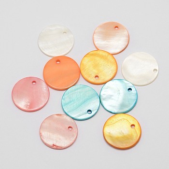 Dyed Natural Flat Round Shell Pendant, Mixed Color, 20x2mm, Hole: 2mm