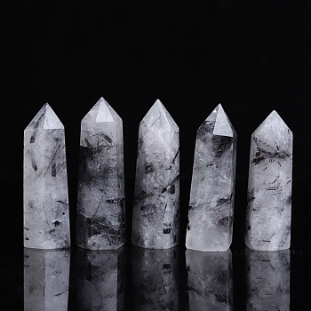 Point Tower Natural Tourmalinated Quartz Healing Stone Wands, for Reiki Chakra Meditation Therapy Decors, Hexagonal Prism, 60~70mm