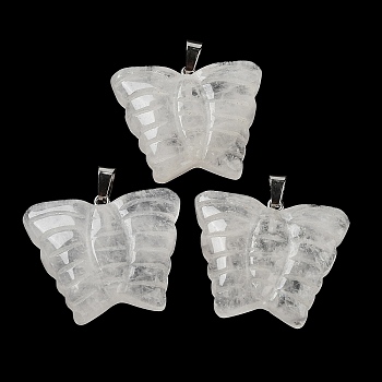 Natural Quartz Crystal Carved Pendants, Butterfly Charms with Platinum Plated Brass Snap on Bails, 30x35.5x7mm, Hole: 7x4.5mm