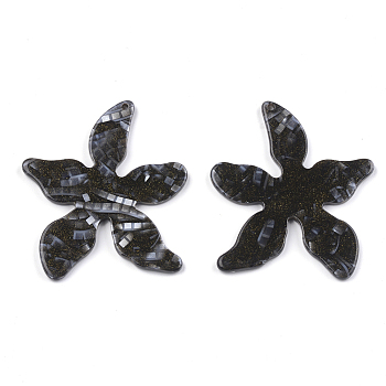 Cellulose Acetate(Resin) Pendants, with Glitter Powder, Flower, Black, 45x40.5x3mm, Hole: 1.4mm