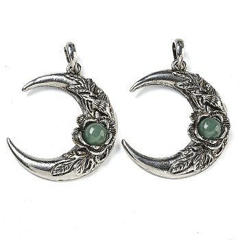 Natural Green Aventurine Pendants, Alloy Flower Crescent Moon Charms, Antique Silver, 43.5x35.5x8.5mm, Hole: 8x7mm