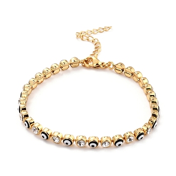 Flat Round with Evil Eye Link Chain Bracelet, Clear Cubic Zirconia Tennis Bracelet, Brass Jewelry for Women, Golden, Black, 7-1/8 inch(18.2cm)