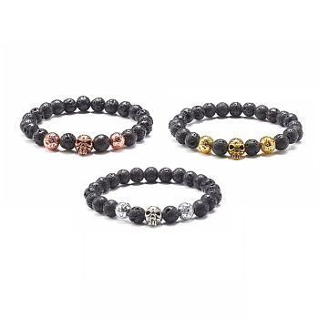 Natural Lava Rock Round Beads Essential Oil Anxiety Aromatherapy Bracelets, Skull Alloy Beads Stretch Bracelets Set for Girl Women, Inner Diameter: 2-1/8 inch(5.5cm), 3pcs/set