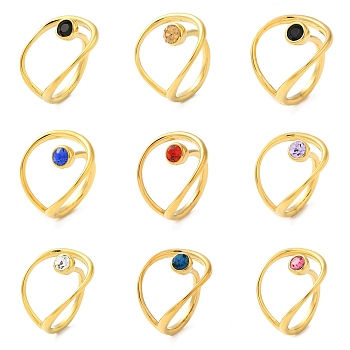 Real 14K Gold Plated 304 Stainless Steel Hollow Teardrop Open Cuff Ring, with Rhinestone, Mixed Color, Inner Diameter: 17mm
