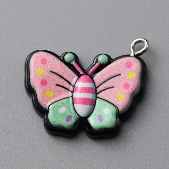 Opaque Resin Pendants, Butterfly Charms, with Platinum Tone Iron Loops, Pink, 19.5x27.5x9.5mm, Hole: 2mm