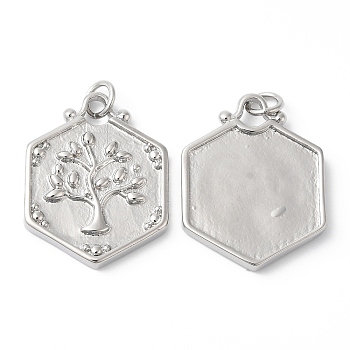 Eco-Friendly Rack Plating Brass Pendants, with Jump Ring, Long-Lasting Plated, Lead Free & Cadmium Free, Hexagon with Tree of Life Charm, Platinum, 23x18x2.5mm, Hole: 3.5mm