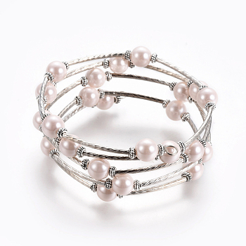 Fashion Wrap Bracelets, Glass Pearl Bracelets with Tube Beads, Pink, Bracelet: about 60mm inner diameter, Sold per 40 Bracelets