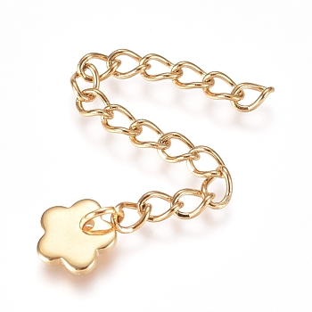 304 Stainless Steel Chain Extender, Curb Chain, with Charms, Flower, Golden, 56mm, Link: 4x3x0.5mm