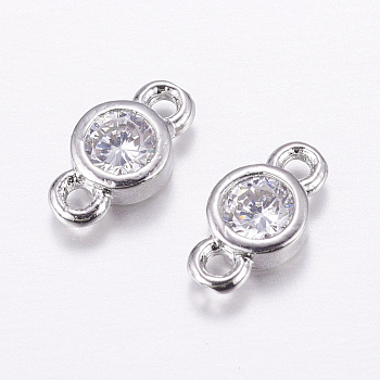 Brass Micro Pave Cubic Zirconia Links, Long-Lasting Plated, Cadmium Free & Nickel Free & Lead Free, Flat Round, Real Platinum Plated, 4x8x2mm, Hole: 1mm