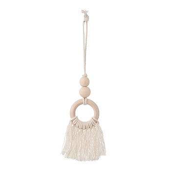 Natural Wood Bead Tassel Pendant Decoraiton, Macrame Cotton Cord Hanging Ornament, Creamy White, 215mm