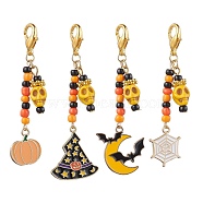 Halloween Theme Alloy Enamel Pendant Decorations, Glass Seed Beaded and Zinc Alloy Lobster Claw Clasps Charms, Mixed Shapes, Light Gold, 70~75mm, 4pcs/set(HJEW-MZ00060)