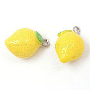Lemon Resin Pendants, with Platinum Plated Iron Findings, Yellow, 20~24x12x12mm, Hole: 2mm(X-RESI-R184-01)