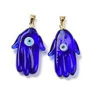 Handmade Lampwork Pendants, with Real 18K Gold Plated Brass Findings, Cadmium Free & Lead Free, Hamsa Hand/Hand of Miriam with Evil Eye, Dark Blue, 30x17x5.5mm, Hole: 5x3.5mm(LAMP-P057-02G-03)