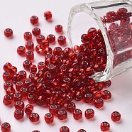 6/0 Glass Seed Beads, Silver Lined Round Hole, Round, Red, 6/0, 4mm, Hole: 1.5mm, about 450pcs/50g, 50g/bag, 18bags/2pound(SEED-US0003-4mm-25)