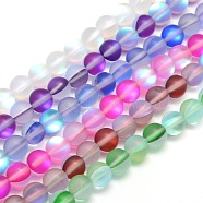 Synthetic Moonstone Beads Strands, Holographic Beads, Half AB Color Plated, Frosted, Round, Mixed Color, 6mm, Hole: 1mm, about 60pcs/strand, 15 inch(G-F142-6mm-M)