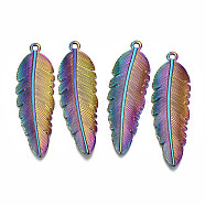 Rainbow Color Alloy Pendants, Cadmium Free & Lead Free, Feather, 44x14x2mm, Hole: 1.8mm(PALLOY-S180-042-RS)
