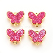 Brass Links connectors, with Druzy Resin, Butterfly, Golden, Deep Pink, 14.5x16x4mm, Hole: 1.2mm(KK-O107-07G-F)