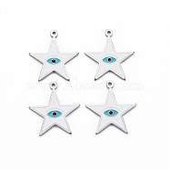 304 Stainless Steel Enamel Pendants, Stainless Steel Color, Star with Eye Evil, White, 22x20x1mm, Hole: 1.2mm(STAS-S117-027)