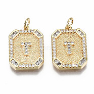 Brass Micro Pave Clear Cubic Zirconia Pendants, Nickel Free, Real 18K Gold Plated, Rounded Rectangle with Word, Letter.T, 19x14x2.5mm, Jump Ring: 5x0.7mm, 3mm inner diameter(KK-S356-234T-G-NF)