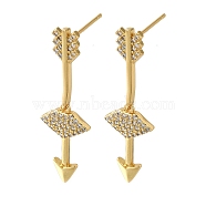 Rack Plating Brass Micro Pave Clear Cubic Zirconia Stud Earrings, Long-Lasting Plated, Arrow, Real 18K Gold Plated, 34.5x10.5mm(EJEW-U011-05G)