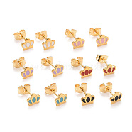 304 Stainless Steel Enamel Stud Earrings, with 316 Surgical Stainless Steel Pin, Golden, Crown, Mixed Color, 6x7x1mm, Pin: 0.8mm(EJEW-B009-14G)