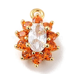 Eco-Friendly Brass Micro Pave Cubic Zirconia Charms, Cadmium Free & Lead Free, Real 18K Gold Plated, Flower, Orange, 11.5x7.5x4mm, Hole: 1mm(ZIRC-C027-12G-03-RS)