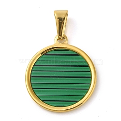 Resin Imitation Malachite Flat Round Pendants, Golden Tone 304 Stainless Steel Charms, Green, 29x25x2mm, Hole: 9.8x4.8mm(STAS-R229-13A-G)