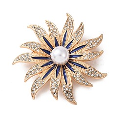 Alloy Crystal Rhinestone Blue Flower Brooches, with Plastic Imitation Pearl Beads, Golden, 51x50mm(JEWB-P054-02G)