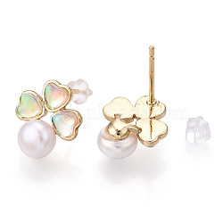 Natural Pearl with Resin Clover Stud Earrings, Brass Earrings with 925 Sterling Silver Pins, Cadmium Free & Nickel Free & Lead Free, Real 18K Gold Plated, 13x11.5mm, Pin: 0.8mm(PEAR-N017-06A)