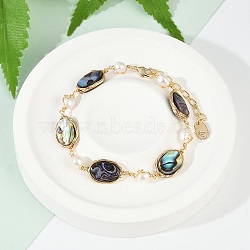 Oval Brass Abalone Shell Link Bracelets, with Pearls, Real 14K Gold Plated, 6-3/4 inch(17cm)(KK-D301-01G)