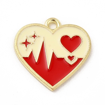 Alloy Enamel Pendants, Heart Charms, Light Gold, Red, 19.5x19.5x1.5mm, Hole: 1.8mm
