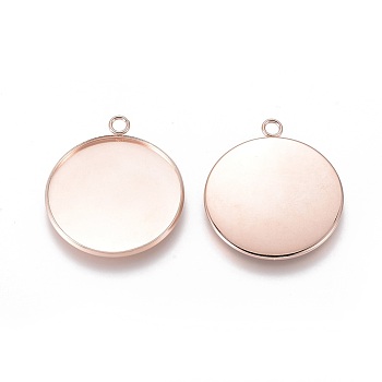 201 Stainless Steel Pendant Cabochon Settings, Plain Edge Bezel Cups, Flat Round, Rose Gold, Tray: 30mm, 36.5x32x2mm, Hole: 3mm