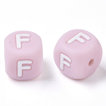 Food Grade Eco-Friendly Silicone Beads, Horizontal Hole, Chewing Beads For Teethers, DIY Nursing Necklaces Making, Letter Style, Cube, Pink, Letter.F, 10x10x10mm, Hole: 2mm