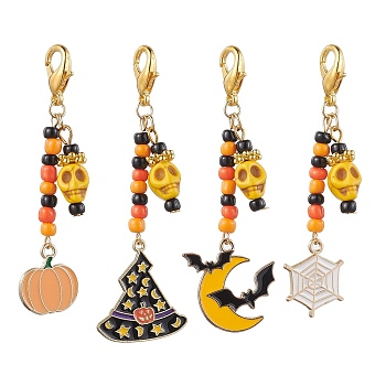 Halloween Theme Alloy Enamel Pendant Decorations, Glass Seed Beaded and Zinc Alloy Lobster Claw Clasps Charms, Mixed Shapes, Light Gold, 70~75mm, 4pcs/set
