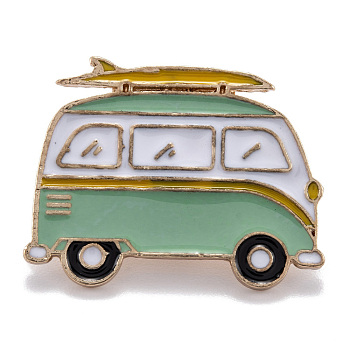 Alloy Enamel Brooches, Enamel Pin, with Butterfly Clutches, Bus, Golden, Medium Aquamarine, 22x28.5mm