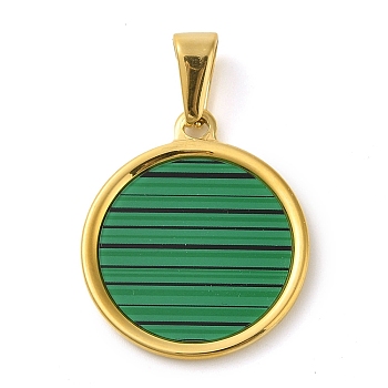 Resin Imitation Malachite Flat Round Pendants, Golden Tone 304 Stainless Steel Charms, Green, 29x25x2mm, Hole: 9.8x4.8mm