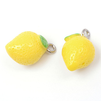 Lemon Resin Pendants, with Platinum Plated Iron Findings, Yellow, 20~24x12x12mm, Hole: 2mm