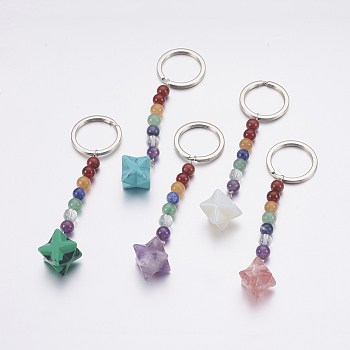Natural/Synthetic Gemstone Chakra Keychain, with Mixed Stone and Platinum Plated Brass Key Rings, Merkaba Star, 90mm