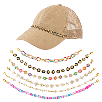 Flower 304 Stainless Steel Enamel & Disc Polymer Clay Link Baseball Cap Chain, with Alloy Lobster Claw Clasps, Mixed Color, 250~255mm, 6pcs/set