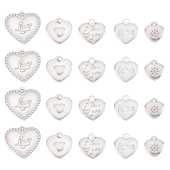 DICOSMETIC 20Pcs 5 Style 304 Stainless Steel Pendants, Heart, Stainless Steel Color, 4pcs/style