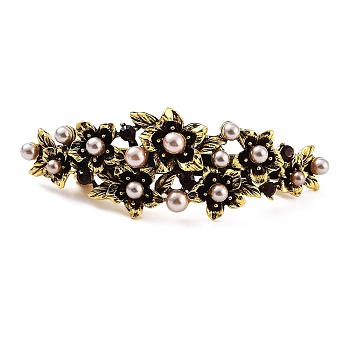 Flower Alloy Rhinestone Hair Barrettes, with Iron and Plastic Imitation Pearl, for Woman Girls, Antique Golden, 22x85x27mm