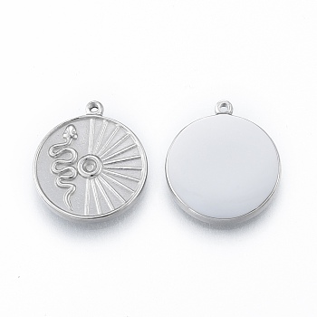 304 Stainless Steel Pendant Rhinestone Settings, Flat Round with Snake, Stainless Steel Color, Fit for 1.8mm Rhinestone, 17x15x2mm, Hole: 1mm