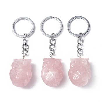 Natural Rose Quartz Pendant Keychains, with Iron Keychain Findings, Owl, 8cm