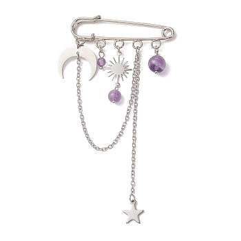 Amethyst & Brass & 304 Stainless Steel Pendant Brooches, Iron Kilt Pins, Sun & Star & Moon, Stainless Steel Color, 101x50x5mm