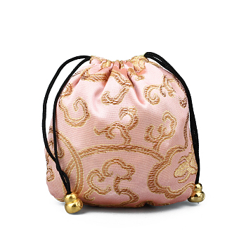 Chinese Style Silk Brocade Jewelry Packing Pouches, Drawstring Gift Bags, Auspicious Cloud Pattern, Misty Rose, 11x11cm