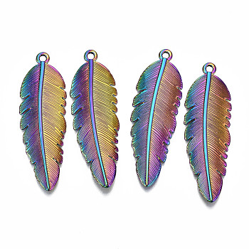 Rainbow Color Alloy Pendants, Cadmium Free & Lead Free, Feather, 44x14x2mm, Hole: 1.8mm
